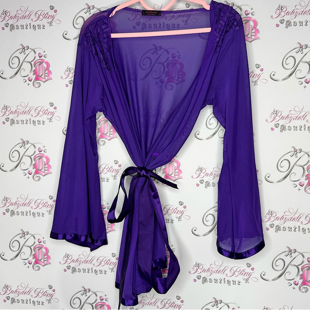 Avidlove robe kimono purple lace detail shiny trim detail mesh royal purple